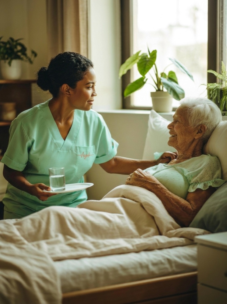 Cuidadora da Santer Saúde levando um copo d'água para uma idosa na cama
